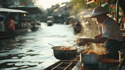 From a charming wooden boat, a vendor skillfully prepares Thai noodles, the aromatic scents wafting through the lively floating market as boats pass by.