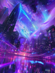 Galaxies and skyline blend in neon hues, a stylized vision of milleniwave