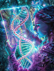 In a hyper realistic style, neon DNA spirals and shamanic tarot cards glow under quantum light