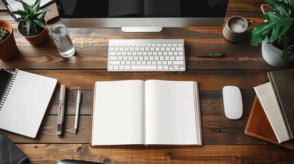 Modern table with open empty blank notebook organizer with pen for planning work and computer
