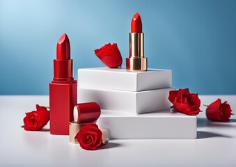 Red lipstick is displayed on a white podium against a blue background. Makeup and cosmetic products.