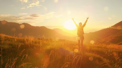 The girl on the top of the mountain raised both hands, the sun was setting. concept of success and achievement, joy, happiness.