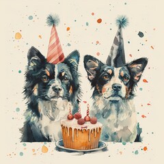 Two adorable dogs wearing party hats celebrate a birthday with a delicious cake decorated with candles and cherries.