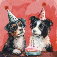 Two adorable puppies wearing party hats celebrating a birthday with a cake, vibrant background, joyful atmosphere