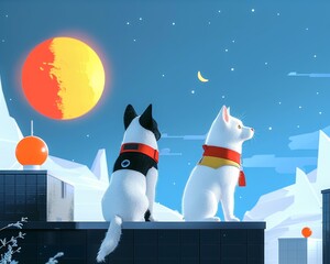 Two animated dogs with scarves look at the moon and stars in a whimsical, colorful night sky setting on a futuristic rooftop.