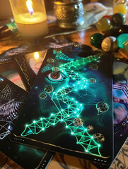 Shamanic tarot cards reveal stylized quantum realms, neon DNA strands with glowing eyes