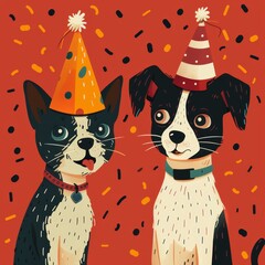 Two cute dogs wearing party hats, surrounded by confetti on a red background, celebrating a festive occasion with joy and excitement.