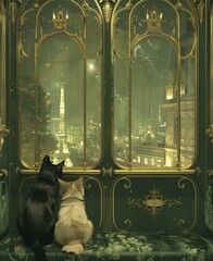 Two cats sitting together, admiring a beautifully lit cityscape through an ornate window at night.