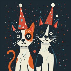 Two illustrated cats wearing party hats, celebrating with colorful confetti on a dark background. Perfect for festive occasions.