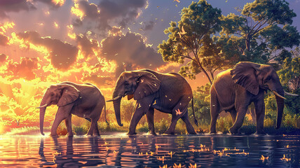 Spectacular Elephants walking by the lake