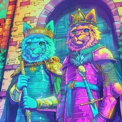 Vibrant digital art of two medieval feline knights with crowns and armor, standing proudly against an arched castle door.