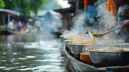 Obraz premium A picturesque scene of a Thai noodle boat in a bustling floating market, with steaming bowls of noodles being prepared and served to eager customers on the water.