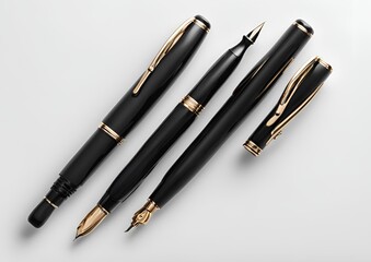 Top view of a stylish black fountain pen isolated on a white background.