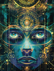 Stylized shamanic tarot, where quantum mysteries and neon DNA blend, eyes aglow