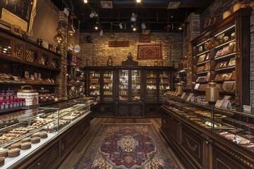 Extravagant boutique interior, artisan chocolates, plush Persian rugs.