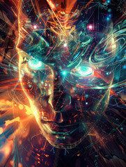 Swirling quantum energy and glowing eyes, the hallmark of epic cybernetic creativity