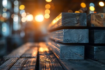 At the building site, steel rods and concrete blocks are stacked under the dusky lighting