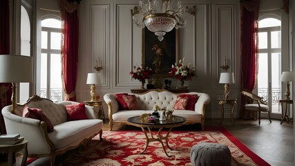 Richly decorated living room with a red and white floral tufting and an artistically styled alfombra olla.