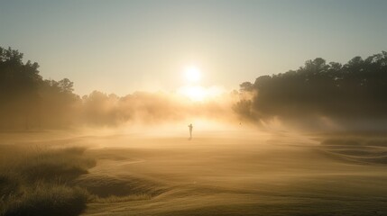 Early morning on the golf course, a golfer in mid-swing under the soft sunlight