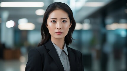 Clear and close-up of a single Chinese woman in a modern business suit standing confidently in an office