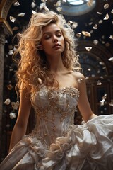 Naklejka premium Elegant Young Woman in a Luxurious Dress with Flowing Hair in a Grand Hall