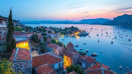 Evening panorama of Kas, Turkey, seaside and historical buildings, tranquil atmosphere