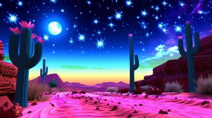 Vivid digital illustration of a surreal desert landscape under a starry night sky, with glowing cacti and a bright moon.