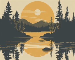 Vintage-style illustration of a mountainous landscape with tall trees and a serene lake reflecting a setting sun.