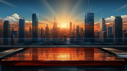Obraz premium glass podium background with chrome accents, in a sleek corporate office overlooking a cityscape, feeling of professionalism and ambition