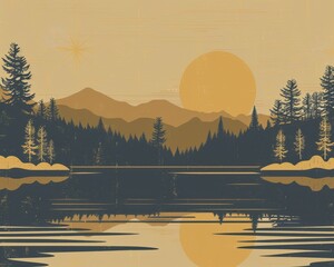 Vintage landscape illustration of a serene lakeside view with mountains and pine trees during sunrise or sunset.