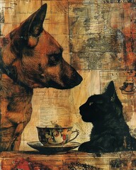 Vintage art featuring a German Shepherd and black cat with a teacup, blending rustic and whimsical elements in a charming tableau.