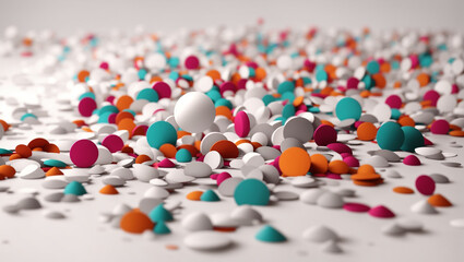 a lot of colorful confetti pieces on a white surface, with a white circle in the center.