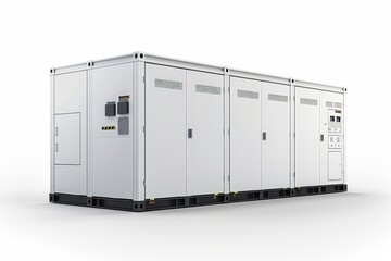 Realistic photograph of a complete Energy Storage Solutions,solid stark white background, focused lighting