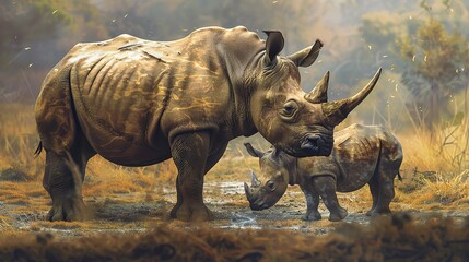 Attractive Black rhino mother with her calf in masai mara kenya