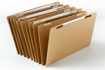 Realistic photograph of a complete File folders,solid stark white background, focused lighting