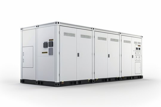 Realistic photograph of a complete Energy Storage Solutions,solid stark white background, focused lighting