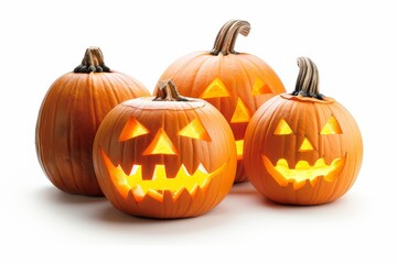 Realistic photograph of a complete Jack-o'-lanterns,solid stark white background, focused lighting