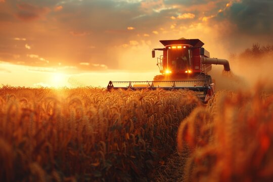 Soy field harvest, combine harvester, dust, crop details, sunset backdrop create a picturesque scene