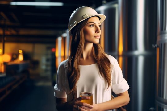 Thoughtful worker wearing hardhat in brewery Thoughtful female worker standing in brewery. Beautiful professional in smart casuals is wearing hardhat. She is looking away at beer industry
