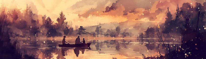 A painting of a man and a woman in a boat on a lake, watercolor illustrations , summer activitie, Camping in the woods.