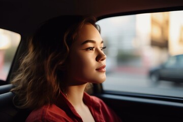thoughtful young woman looking through window while sitting in car - Powered by Adobe