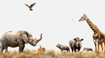 Common Safari Animals gathered together on a white background