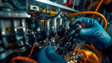 Obraz premium Technician Conducting Thorough Fuel System Inspection with Diagnostic Tools and Parts on Display