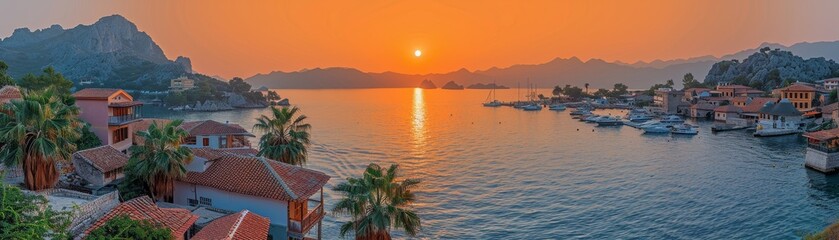 Sunset view of Kas, Turkey, from a high vantage point, old town and marina visible