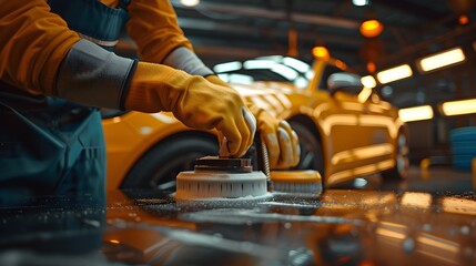Fototapeta premium Professional Car Detailer Polishing Vehicle Body to Enhance Shine and Smoothness