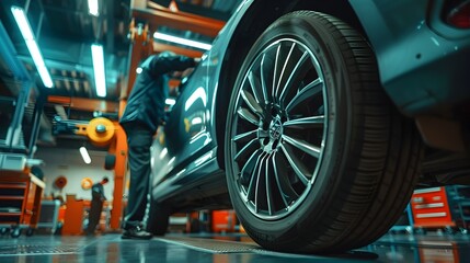 Fototapeta premium Technician Rotating Car Tires on Hydraulic Lift in Equipped Automotive Garage