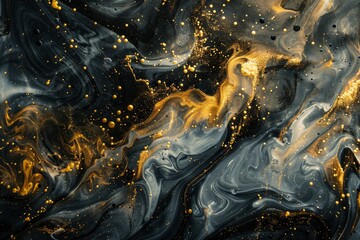 Golden sparkling abstract background, luxury black smoke, acrylic paint underwater explosion, cosmic swirling ink - Generative ai