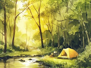 A yellow tent is set up in a forest by a river, watercolor illustrations , summer activitie, Camping in the woods.