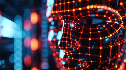 Fototapeta premium Image of AI or artificial intelligence technology, face between lines and dots