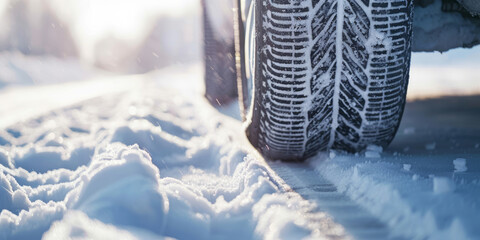 A close-up shot reveals winter tires rolling through fresh snow on an empty road.